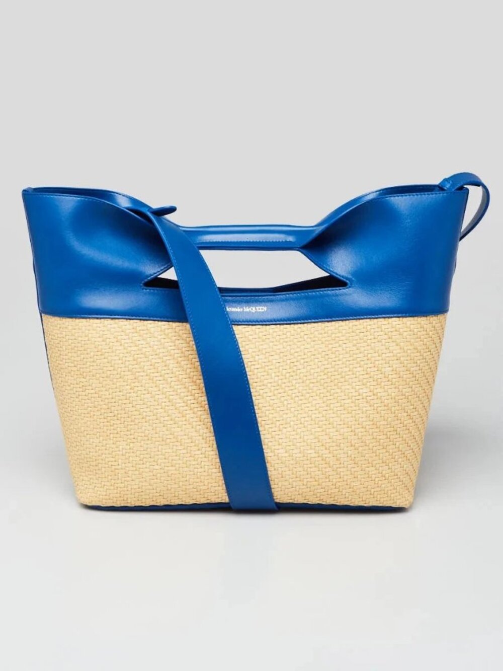 Alexander McQueen Natural/Electric Blue Leather and Straw Small Bow Tote Bag